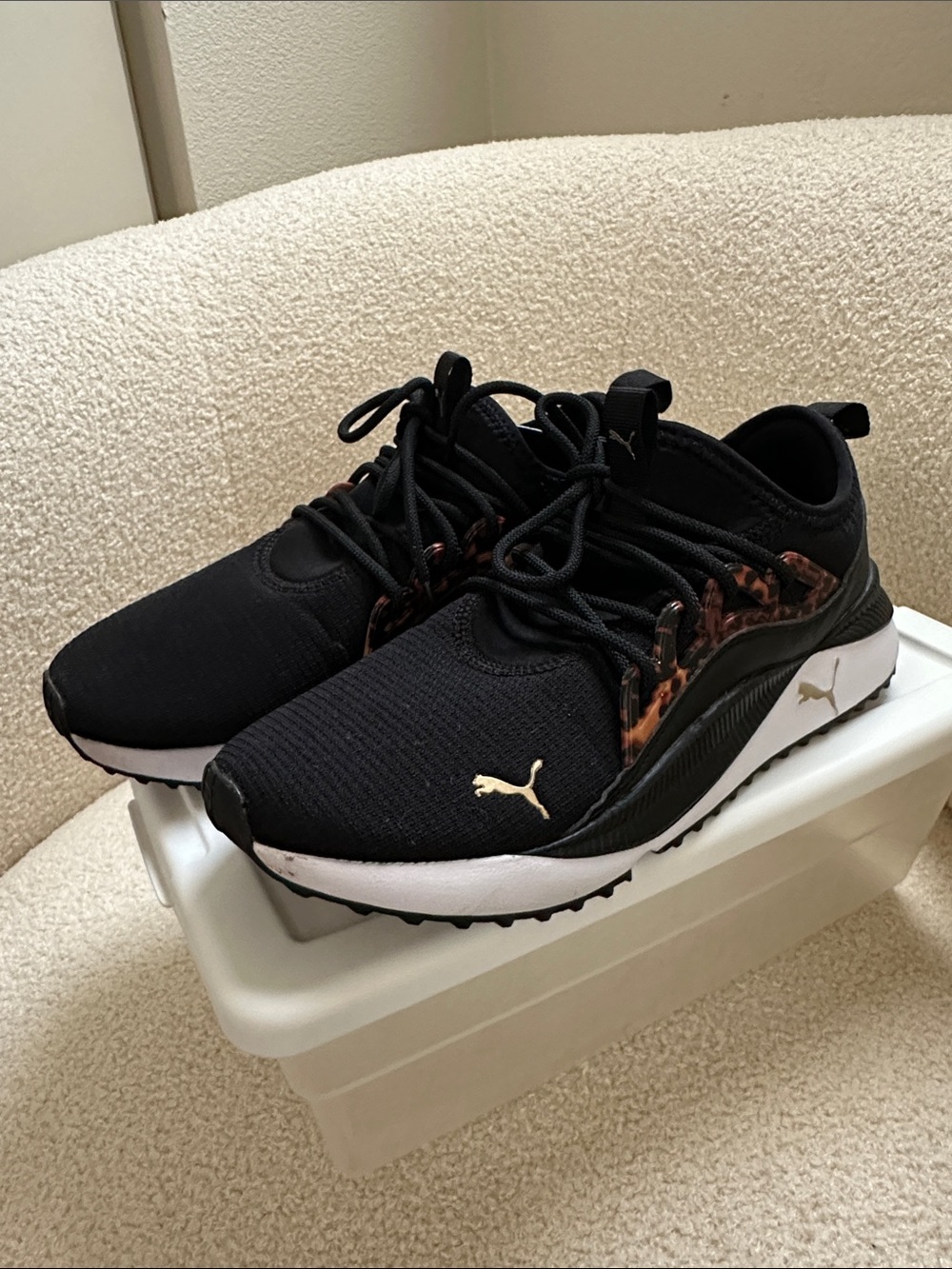 Puma Black Sneakers with Leopard Print and Gold Logo